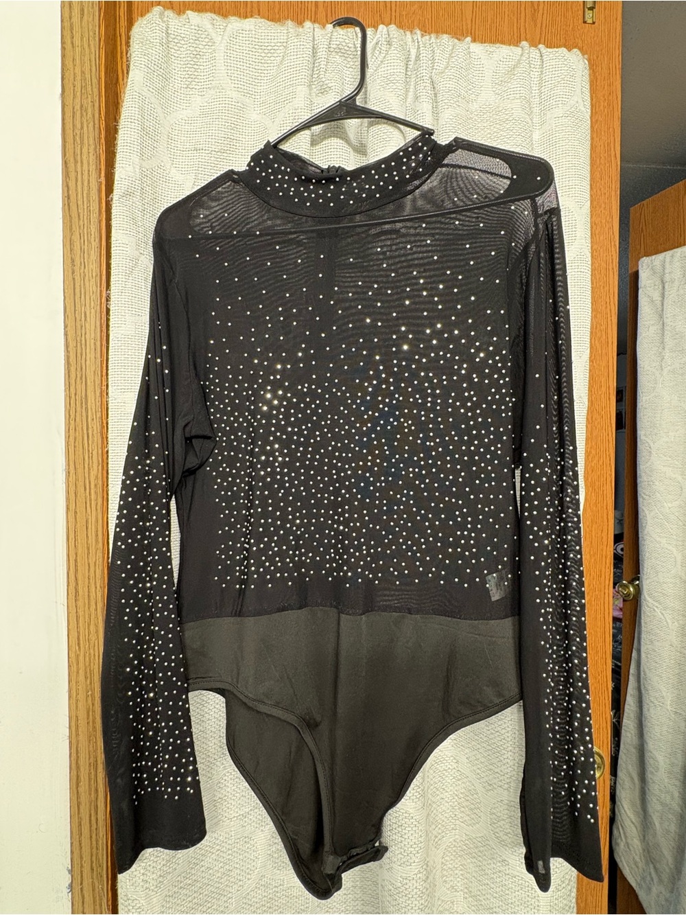 Amazon Black Long-Sleeve Rhinestone Mesh Bodysuit